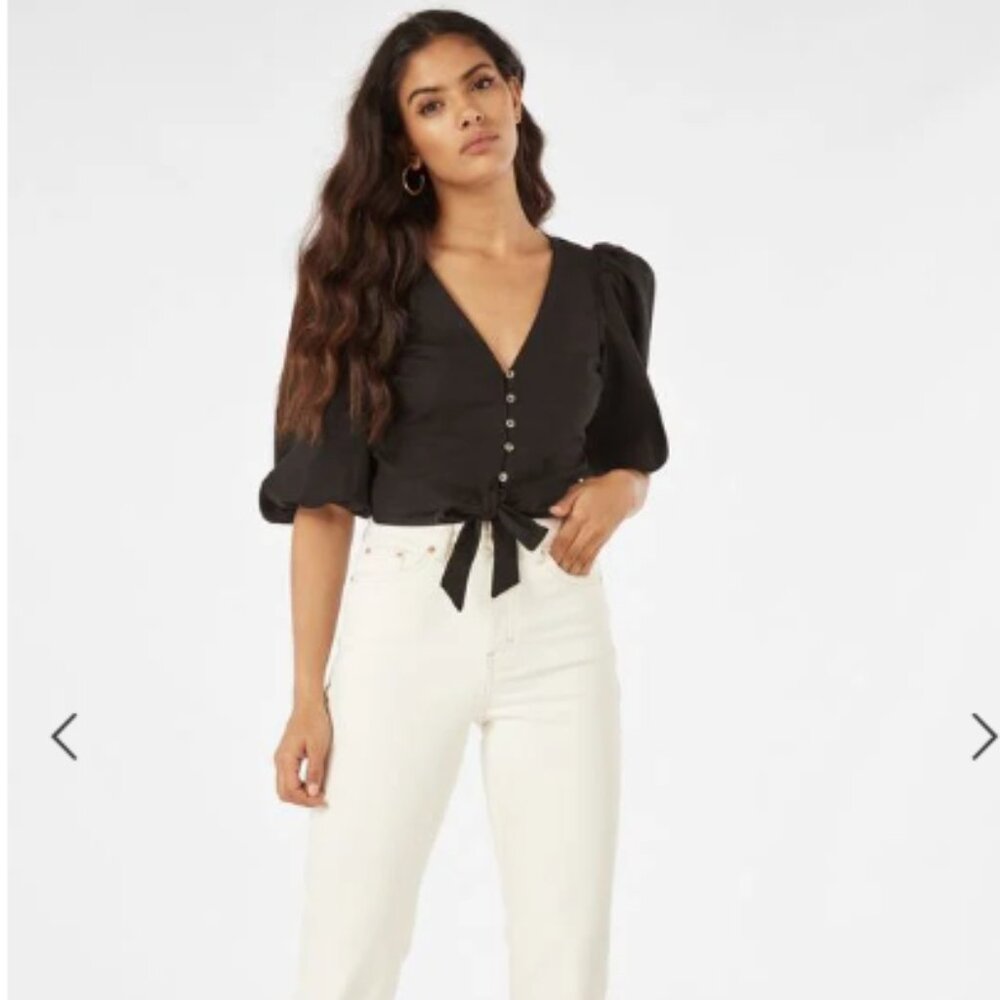 JustFab Puff Sleeve Tie Front Top Crop Top Blouse Black Linen Blend Size M - Picture 3 of 13